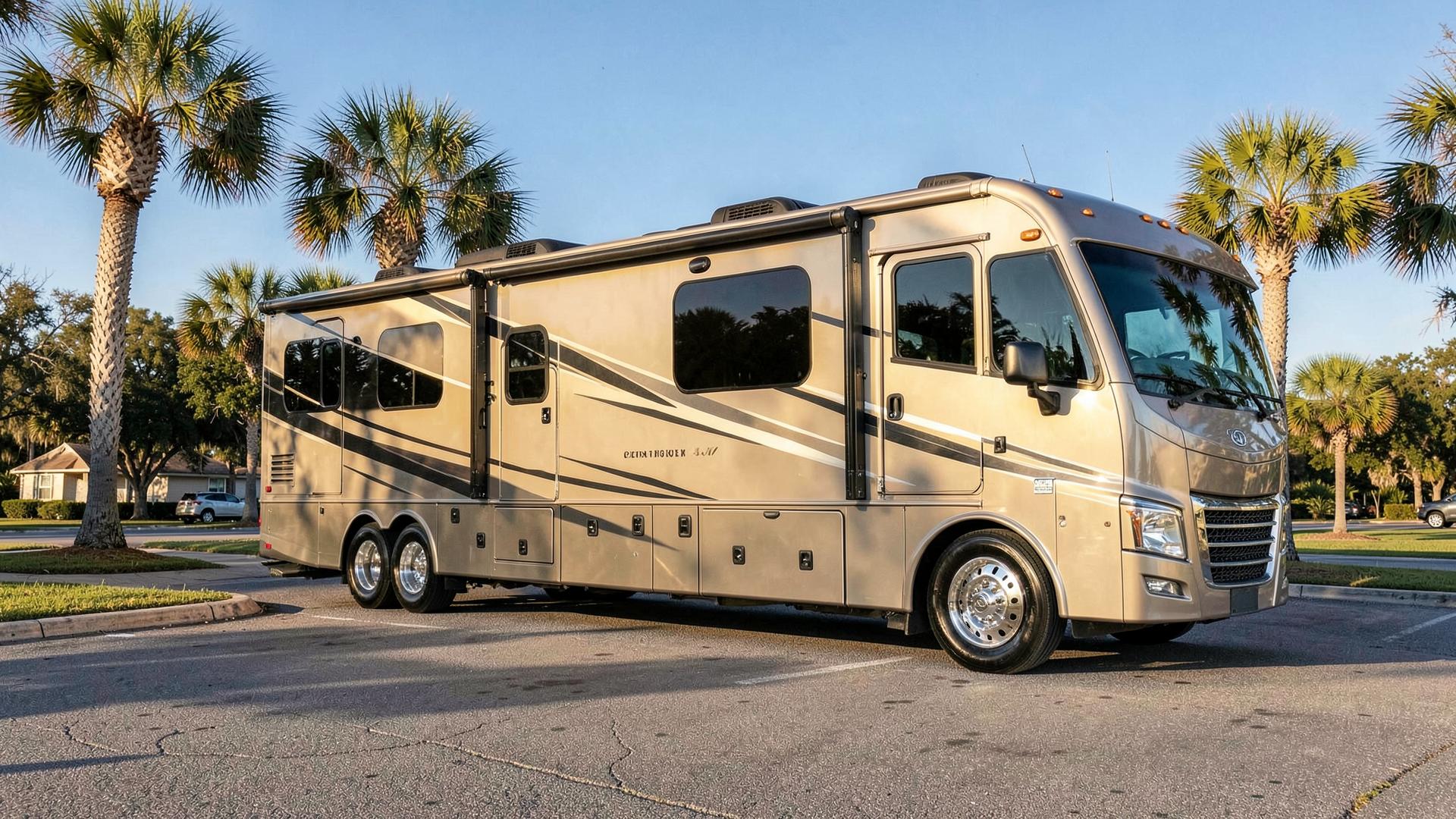 Large Class A motorhome at a sunny Florida campground ready for mobile RV repair service